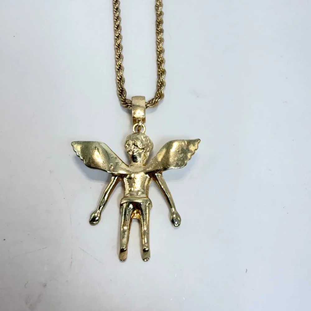 Gold Tone Rhinestone Angel Cherub Pendant Necklace 24 Inch Rope Chain Streetwear